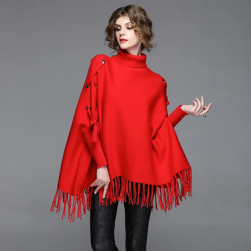 Pulls Gland Femelle Qualité Tricoté Lâche Chauve 2018 souris Col Roulé Manches Femmes rouge Chandail Haute Printemps Cape Nouveau Noir gris fqfZYI