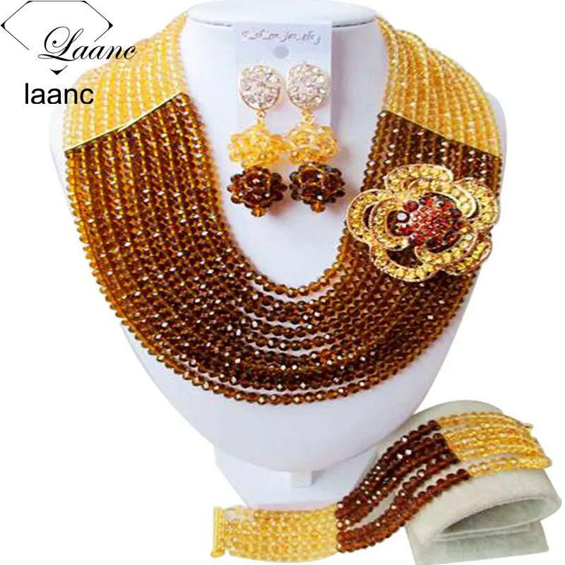 

Laanc Gold and Brown Nigerian Beaded Jewelry Set for Women African Fashion Beads Necklace and Earrings C10SZ029