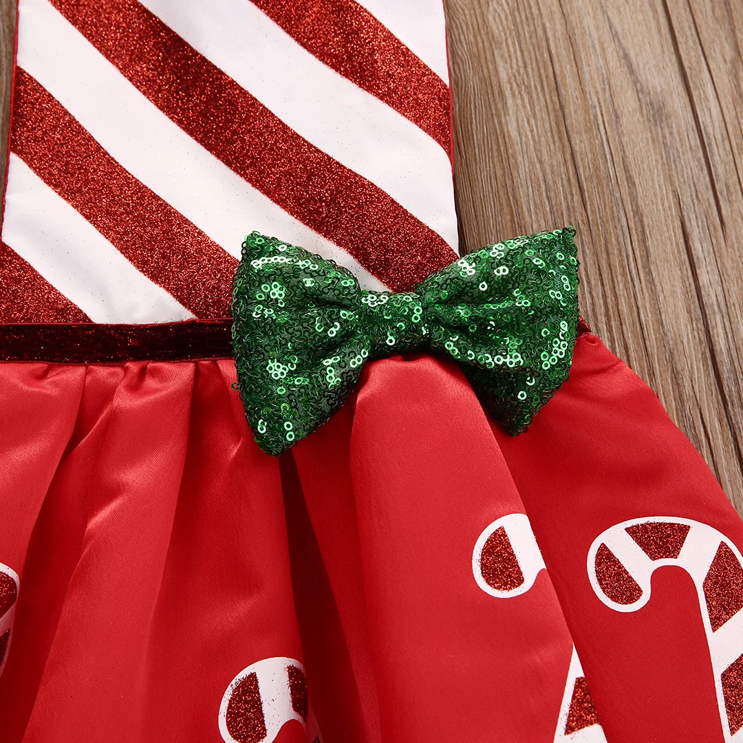 Рождественское платье в полоску с бантом и карамельным тростником для маленьких девочек; праздничные платья; костюм