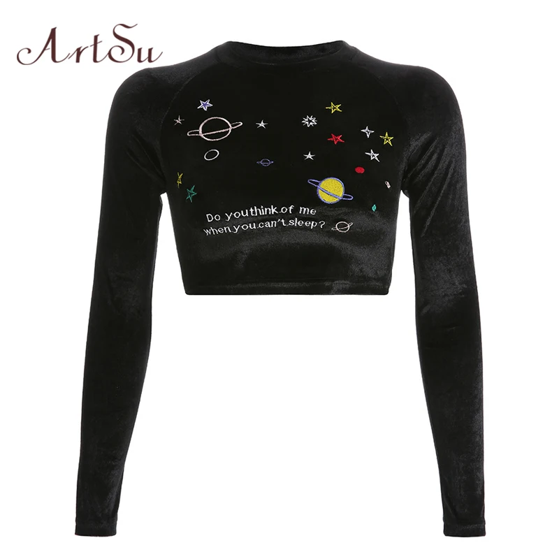 

ArtSu Embroidery Stars Black Tshirt Velour Long Sleeve Crop Top Femme Casual Cute Basic Tshirt Funny Shirt Tees ASTS20638