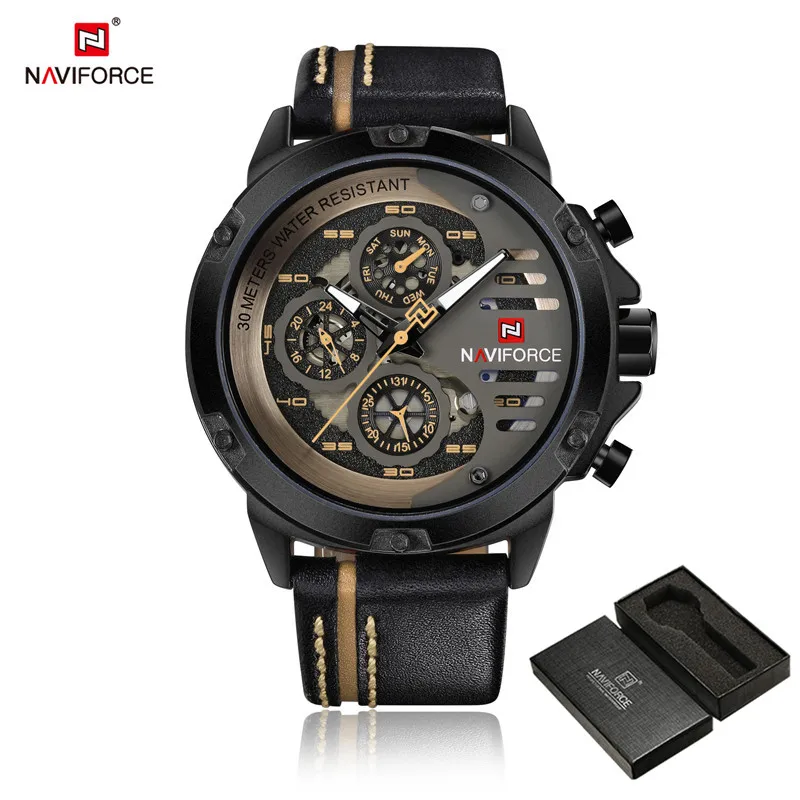 Relogio Masculino NAVIFORCE 9110 мужские часы лучший бренд класса люкс Золотые спортивные водонепроницаемые военные кварцевые кожаные часы на запястье мужские часы - Цвет: NA911003 with box