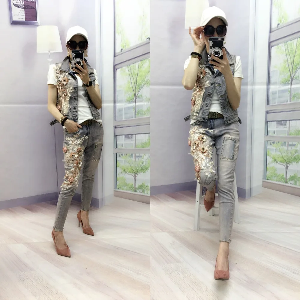 Flower Cowboy Vest+ Stretch Pants Casual Suits Women's Denim Jacket+Denim Pants Set Female Two Piece Jeans Set For Women