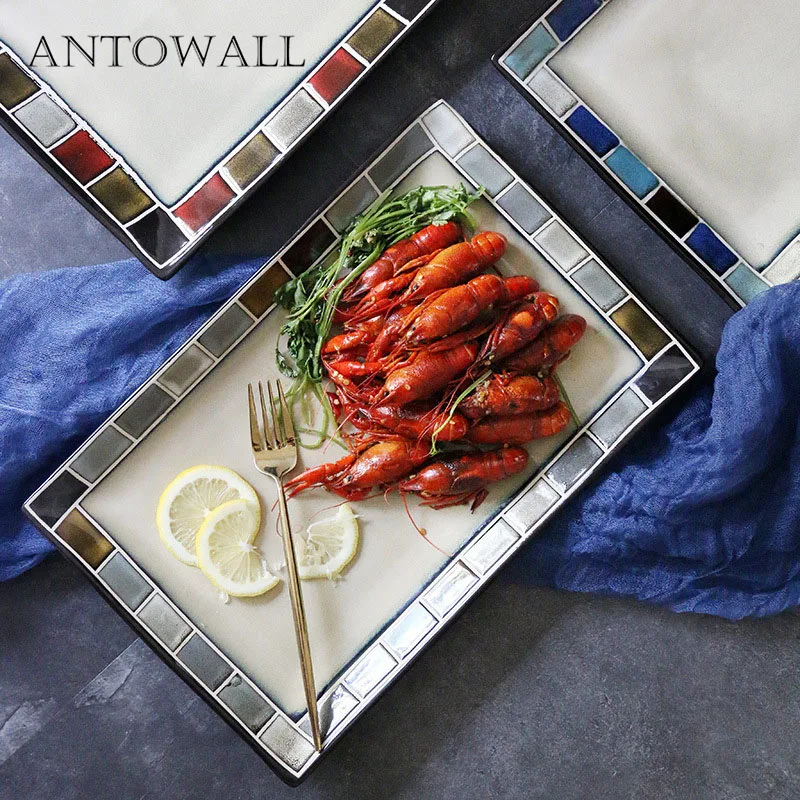 

ANTOWALL European ceramic hand-painted Western dish rectangular mosaic large fish plate home dish sushi personality kiln glazed