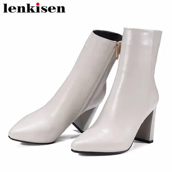 

Lenkisen brand shoes rome dress natural leather square toe zipper free shipping high heels autumn winter women ankle shoes L67