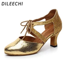 Dileechi Серебряная Латинская танцевальная обувь для взрослых женщин сезон весна-лето шнуровка танцевальная обувь на высоком каблуке; обувь из мягкого Танцы обувь подошва