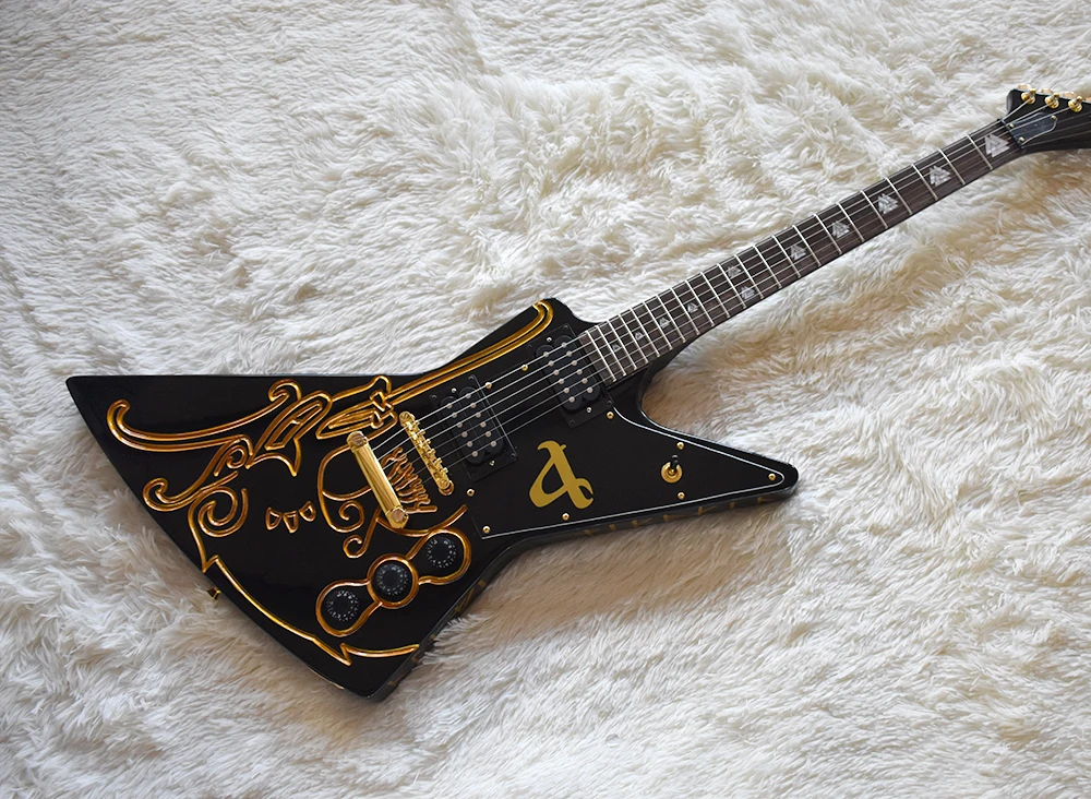 

Factory Custom Unusual Shape Black Electric Guitar with Gold Pattern,Gold Hardware,White Pearl Frets Inlay,Can be Customized