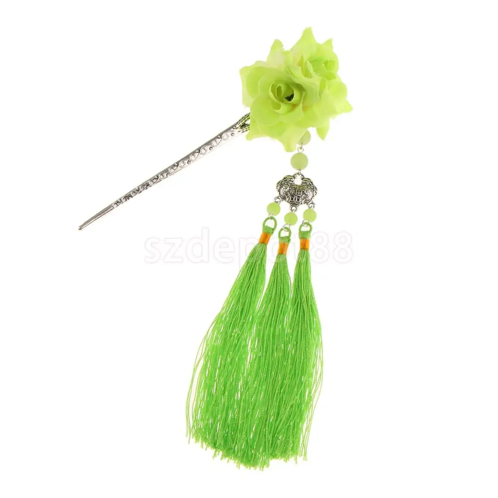 Заколка для волос с цветами Kanzashi Tassel Chignon Винтаж для кимоно Hanfu - Цвет: Green