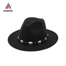 QIUBOSS британский стиль металлический пояс украшенный шерстяной фетр шляпа для мужчин женщин Джаз Fedoras шапки унисекс Панама плоские полями Fedora QB05