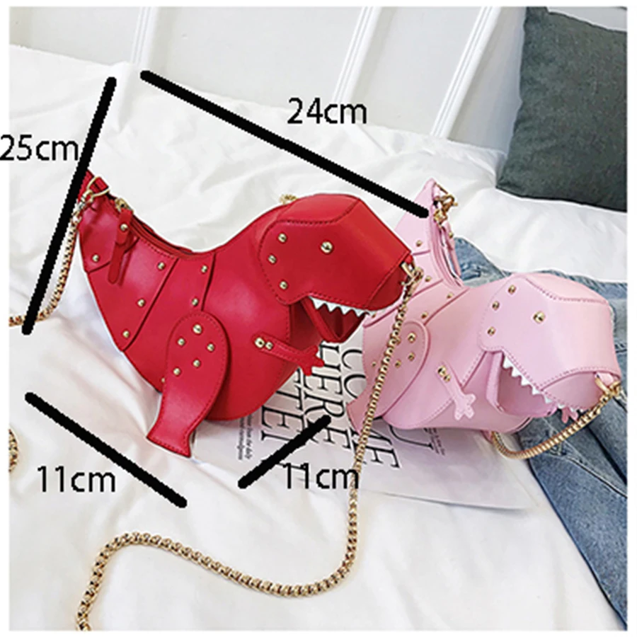 Kopen Cartoon Leuke Nieuwe Dinosaurus Klinknagel Vrouwen Schouder Messenger Bag Meisje Zoete PU Lederen Ketting Tas Reizen Styling Roze Ontwerp Tassen