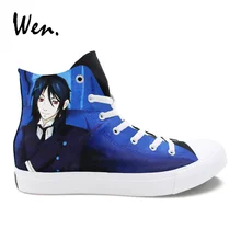 Вэнь аниме скейтборд обувь Черный Дизайн Black Butler Ручная роспись холст кроссовки с высоким берцем взрослых унисекс спортивные кеды