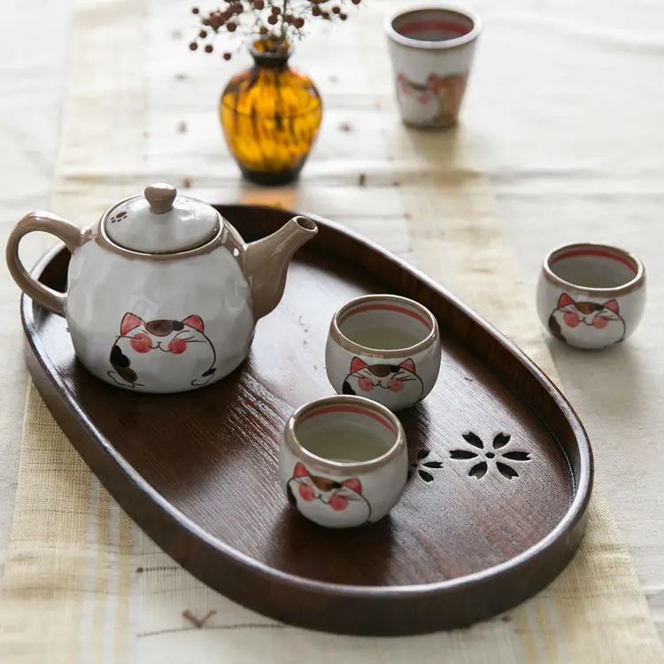 Pastoral Style Ellipse Wood Serving Trays Premium Handcrafted Engraving Wooden Tea Tray Perfect for Chinese Teapot and Teacup Set (6)