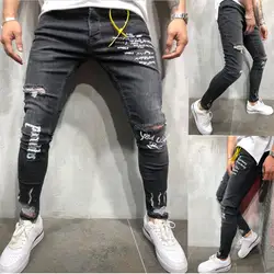 Новая мода 2019 Для мужчин отверстие письмо печати джинсы хип-хоп тонкий Для мужчин наклоняется Для мужчин джинсы узкие потертые брюки