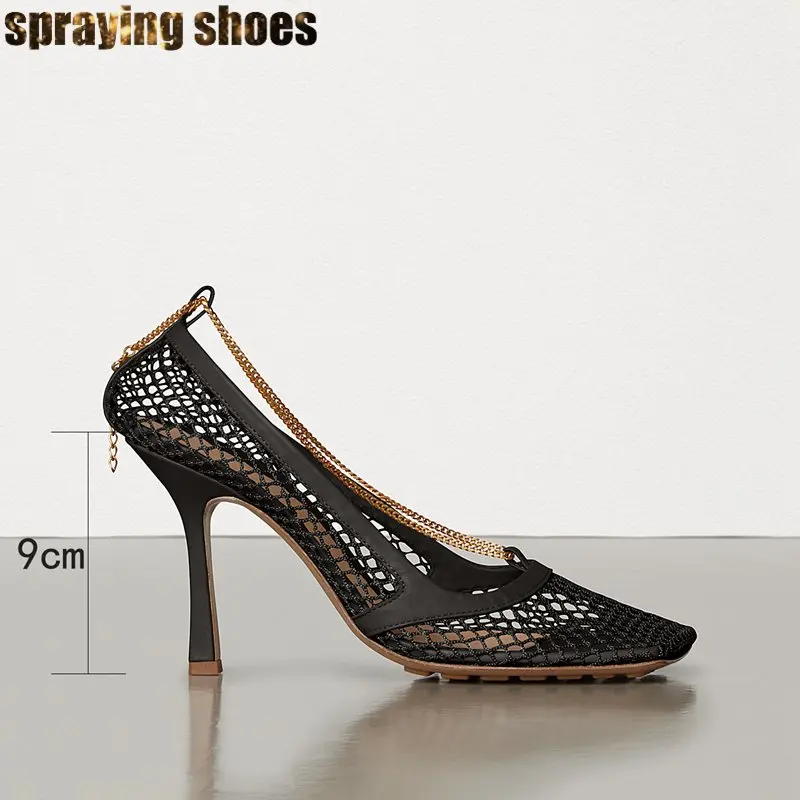 Fashion Square Toe Black Mesh Pumps Summer Women High Heels Shoes Chain Hollow Out Sexy Ladies Shoes Summer Sandals