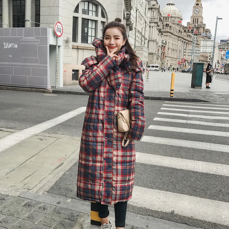 

Women Winter jacket Parkas Loose Jackets Large Fur collor Hooded Warm plaid Long Coats Outwear