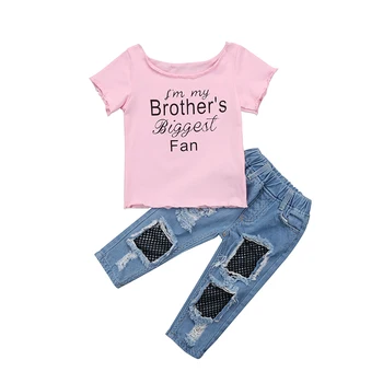 

2PCS Fashion Newborn Toddler Kids Girl Clothing Set Short Sleeve Cotton T-shirt Tops Net Hole Denim Pant Jean Outfit Clothes