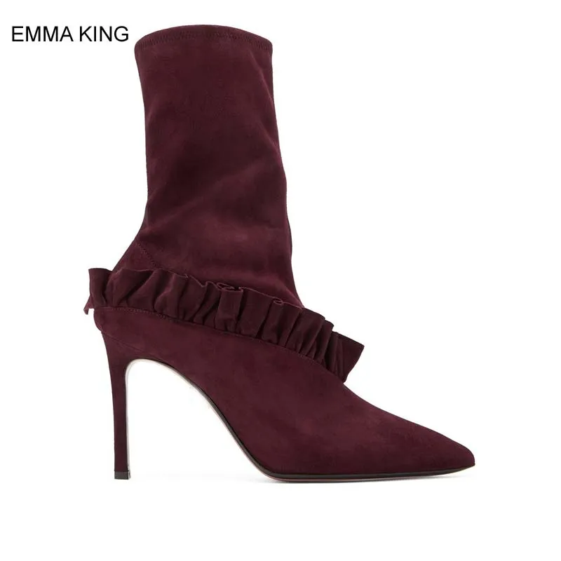 

EMMA KING Ruffles Mid Calf Boots Women Thin High Heels Autumn Shoes Thin High Heels Pointed Toe Fashion Mujer Booties Mature