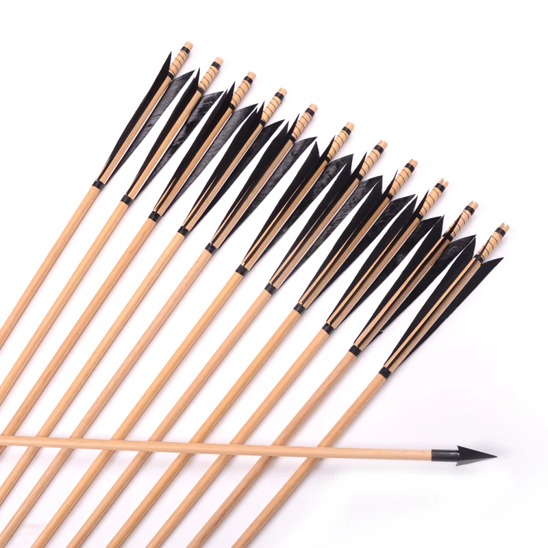 12X 31"/33"Wooden Arrows Hunting Arrows With 5" Black England Turkey feather Broadhead for