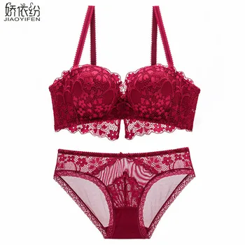 

Europe new lace bra set embroidery tassel women underwear set sexy lace bc cup french Push Up bra three-breasted lingerie JYF