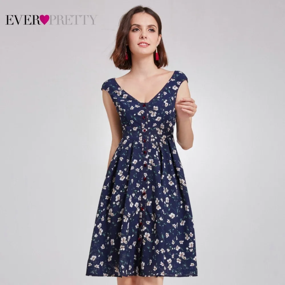 

Navy Blue Floral Print Homecoming Dresses Ever Pretty AS05799NB A-Line V-Neck Short Graduation Dresses Vestidos De Graduacion