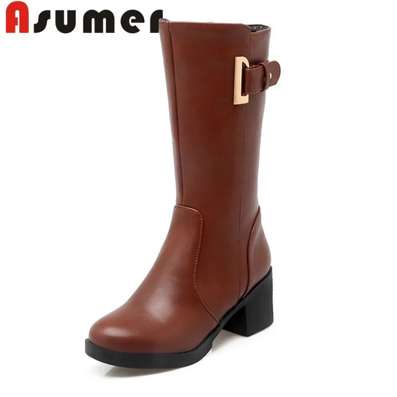 

ASUMER 2018 NEW ARRIVE popular metal buckle mid calf boots round toe solid simple winter boots zip high quality pu women boots