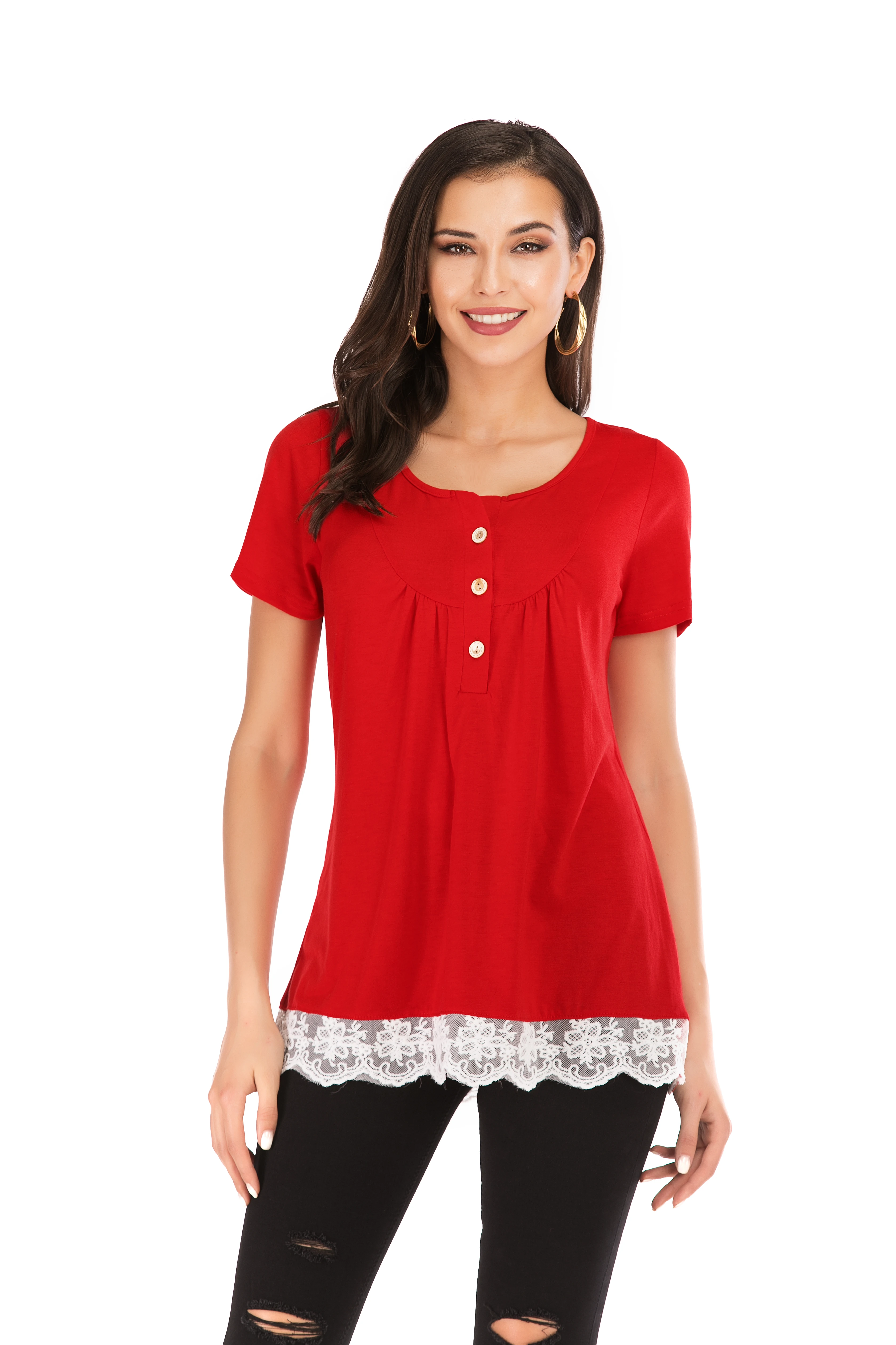 

Ladies Summer Lace Button Crew Neck Casual T-Shirt