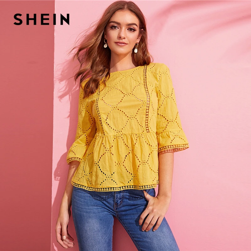 SHEIN, топ с баской на спине, блузка, желтый, бохо, однотонный, кружево, с ушками, вышивка, оборки на подоле, женские летние блузки