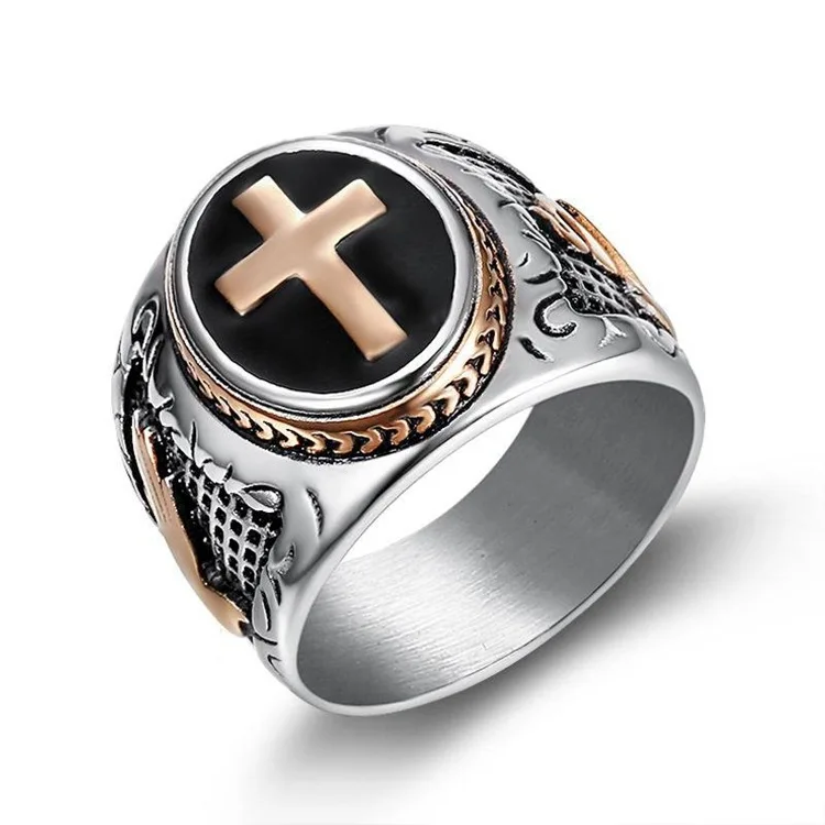 Хип-хоп винтажное серебряное Золотое черное двухцветное кольцо-печатка со священным крестом молитва христианский Иисус религиозный коктейль валентинка Размер 7-15