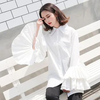 

Blouse Top Cotton Blusas Vadim 2020 Autumn And Winter Ou Mei Tide Style Pleated Lotus Leaf Trumpet Sleeve New Women Long Shirt