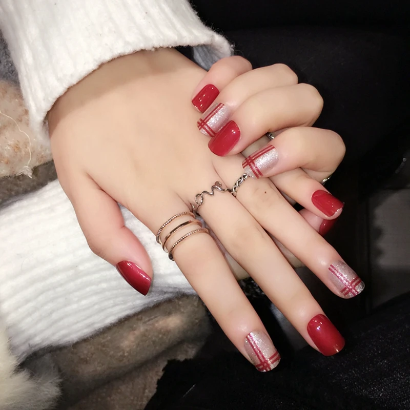 24pcs Red Clear With Silver Glitter Fake Nail Art Red Stripe Full 24pcs Red Clear With Silver Glitter Fake Nail Art Red Stripe Full