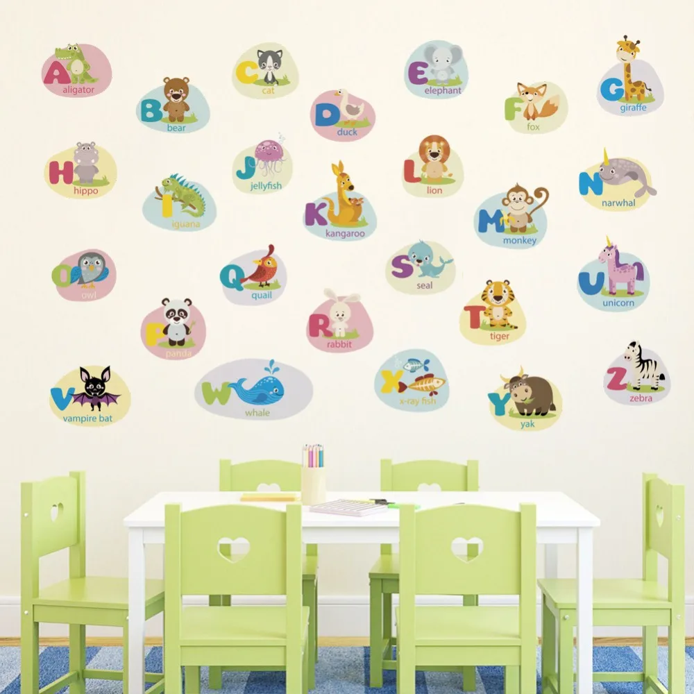 Cartoon Animals English Letter Wall Stickers Kids Babies Early