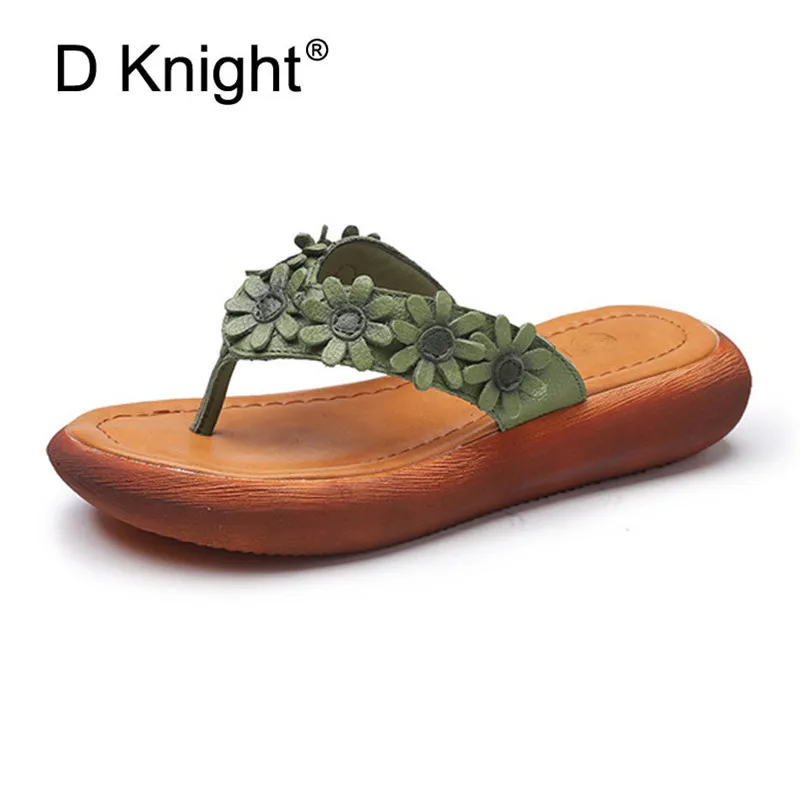 2018 Summer New Flip Flops Original Leather Sweet Flower Women Sandals Comfortable Slope Lady Flat Platform Shoes Ethnic Slipper (1)