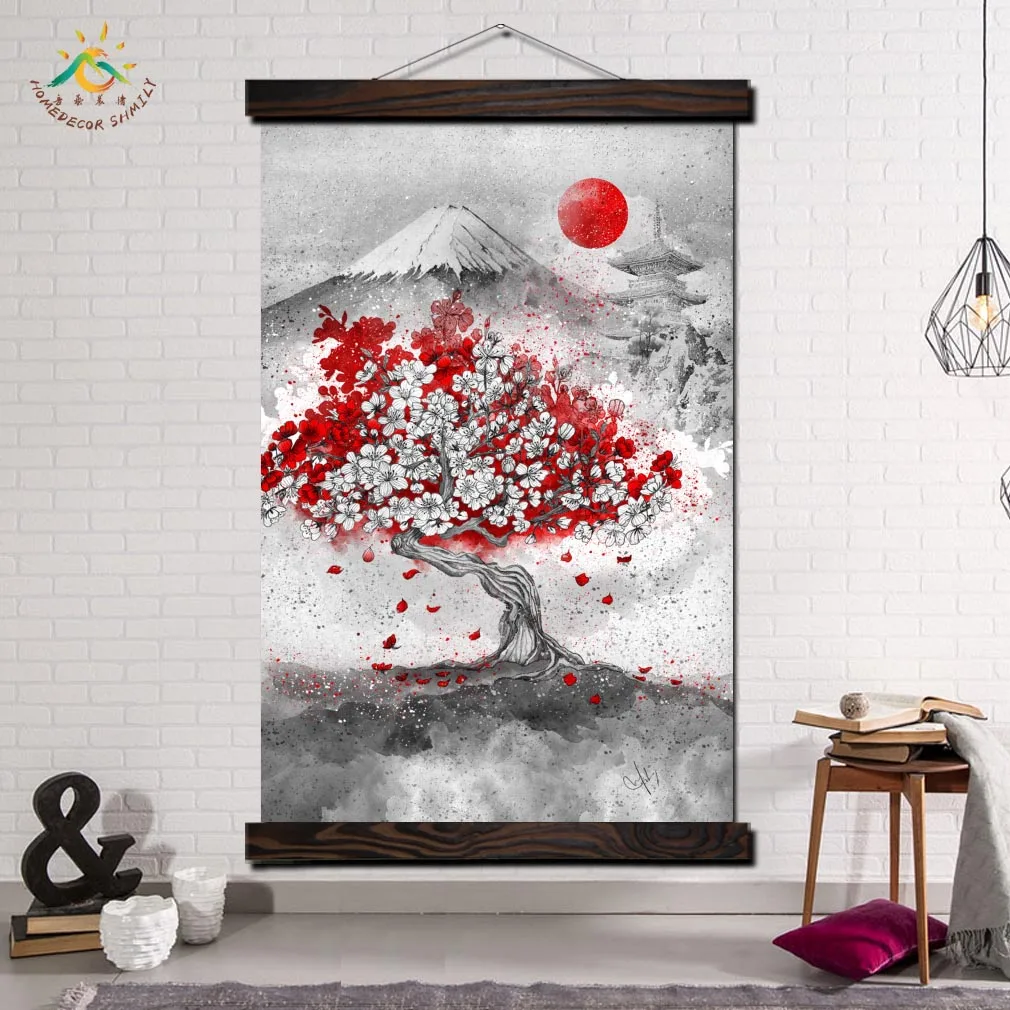 

Modern Wall Art canvas framed Posters and Prints Scroll Canvas Painting Wall Pictures for Living Room Mount Fuji Cherry Tree