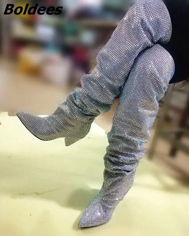 

2017 New Arrival Women Thigh High Boots Full Crystal Pointed Toe Spike Heel Over the Knee Winter Autumn Rhinestone Boots
