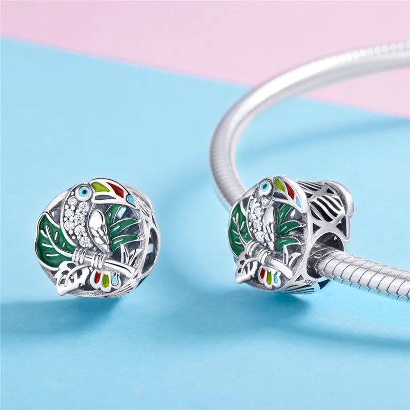 Fit Pandora браслет серебро 925 красочные CZ Toucan бусины с попугаем S925 розовый и зеленый циркониевый дерево птица подвеска для DIY ювелирных изделий