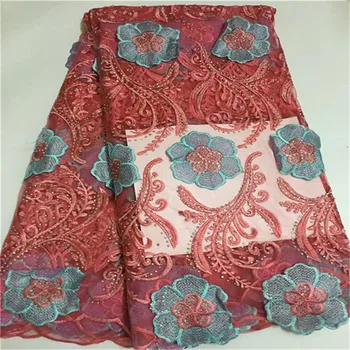 

African lace fabric US red african voile french lace fabric with rhinestone 5 yards per lot wedding dress lace