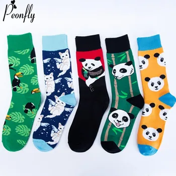 

PEONFLY Fashion Print Chinese Panda White Cat Bird Pattern Colorful Happy Socks Men Casual Ventilation Cotton Sock Autumn Winter