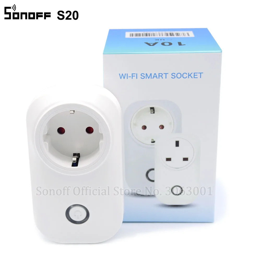 Online Sonoff S20 UE UK US enchufe Wifi interruptor de toma de corriente aplicación inalámbrica toma de corriente remota interruptor de sincronización para trabajo doméstico inteligente con Alexa