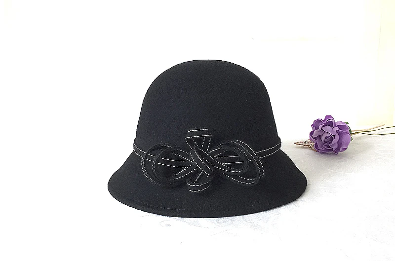 Леди Fedoras шляпа Женская шерстяная купольная шапка женская зимняя мода сломанный галстук-бабочка с цветком купольная шапка шерстяная Рыбацкая шляпа B-8785
