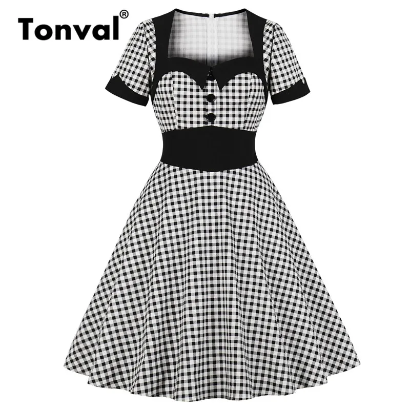 

Tonval Rockabilly 50s Gingham Sweetheart Neck Women Retro Dress Button Front 95% Cotton Vintage High Waist Plaid Dresses