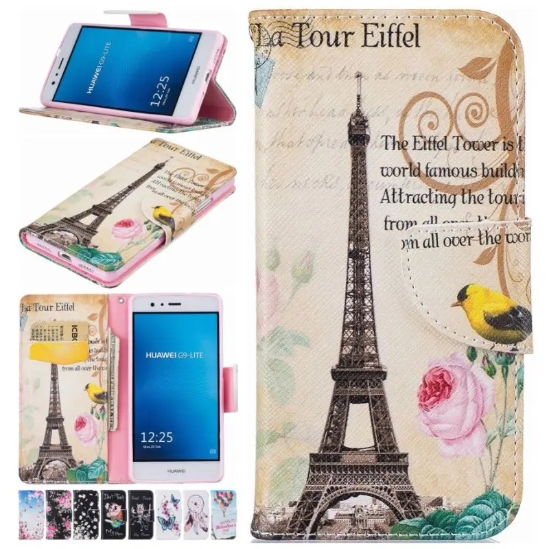 

For Huawei P9 Lite 2016 Y3 Y5 Y6 II Y3II Y5II Y6II Honor 8 Retro Tower Capa Phone Cover Flip Case Wallet Leather Coque Bag D07Z