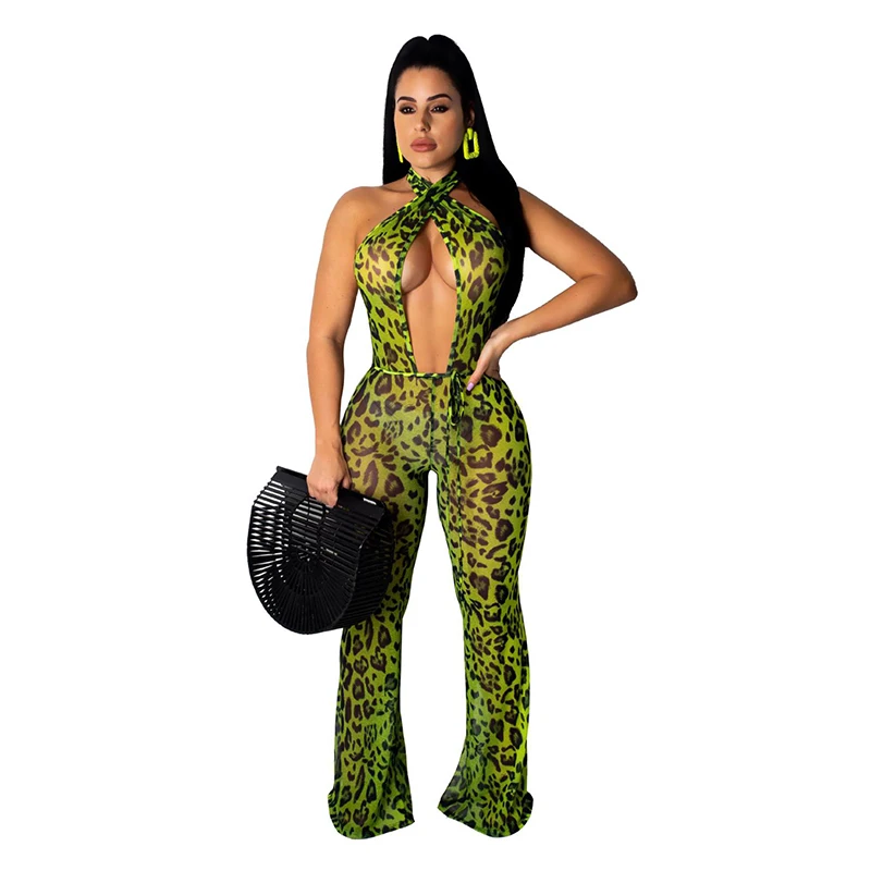 

Sexy Hollow Out Leopard Print Jumpsuit Women Casual Backless Halter Lace Up Bandage Overalls Long Wide Leg Pants Female Jumpsuit
