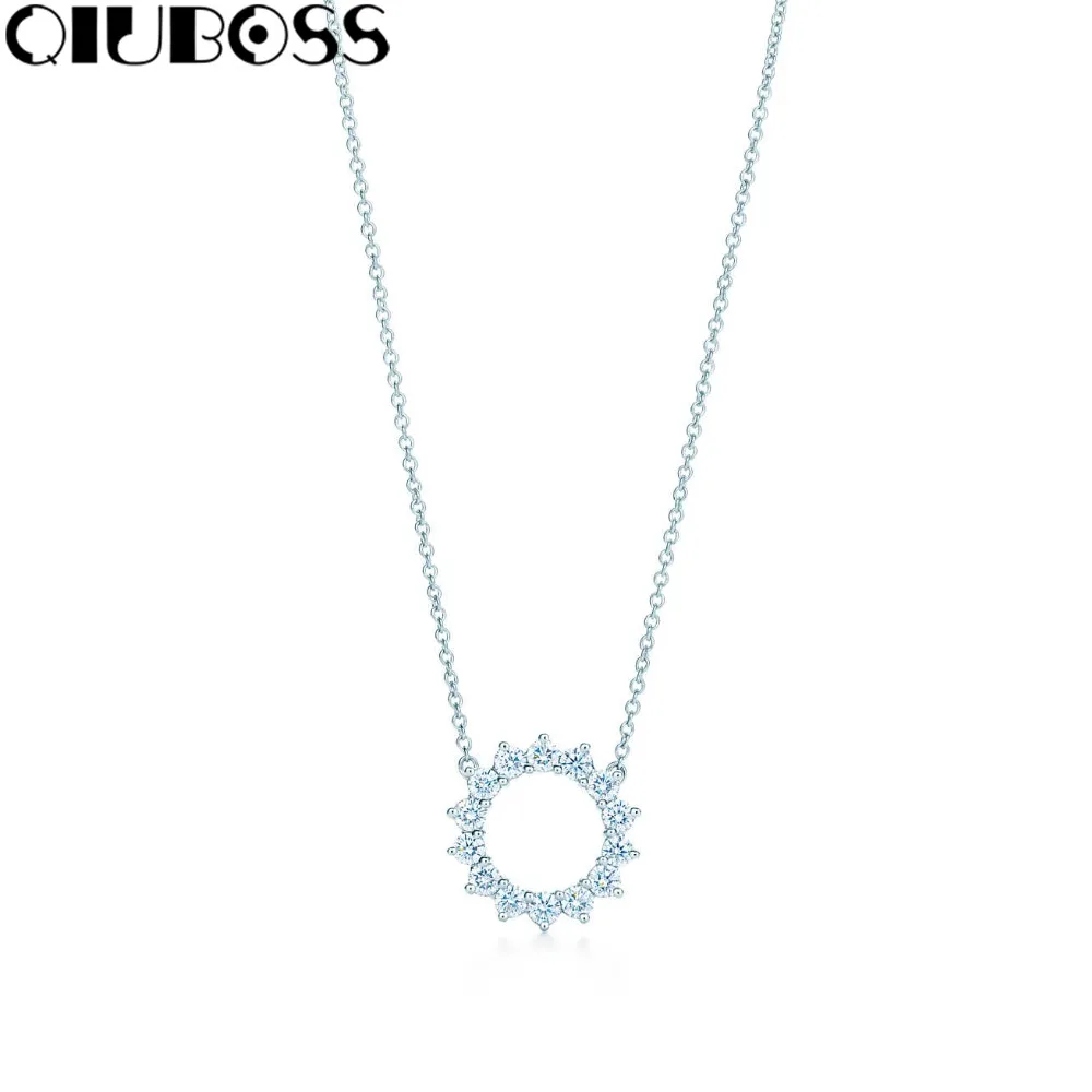 

QIUBOSS S925 TiffanySilver Japan and South Korea 925 Sterling Silver Inlaid Flash Diamond Circle Necklace Pendant Couple Gift