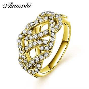 

AINUOSHI 14K Solid Yellow Gold Weave Cluster Ring Sparkling Simulated Diamond CZ Wedding Engagement Ring for Women Jewelry Gift