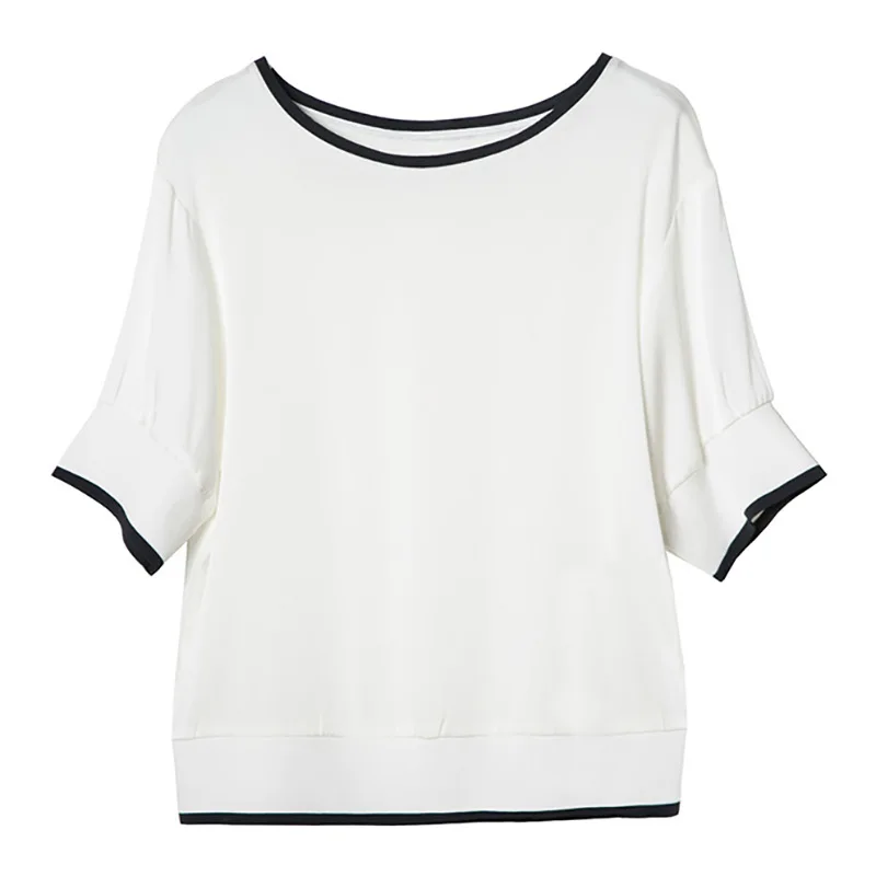Женская белая футболка из 95% натурального шелка, 5% спандекса, топ с короткими рукавами, модная футболка с отворотом, весна лето - Цвет: Белый