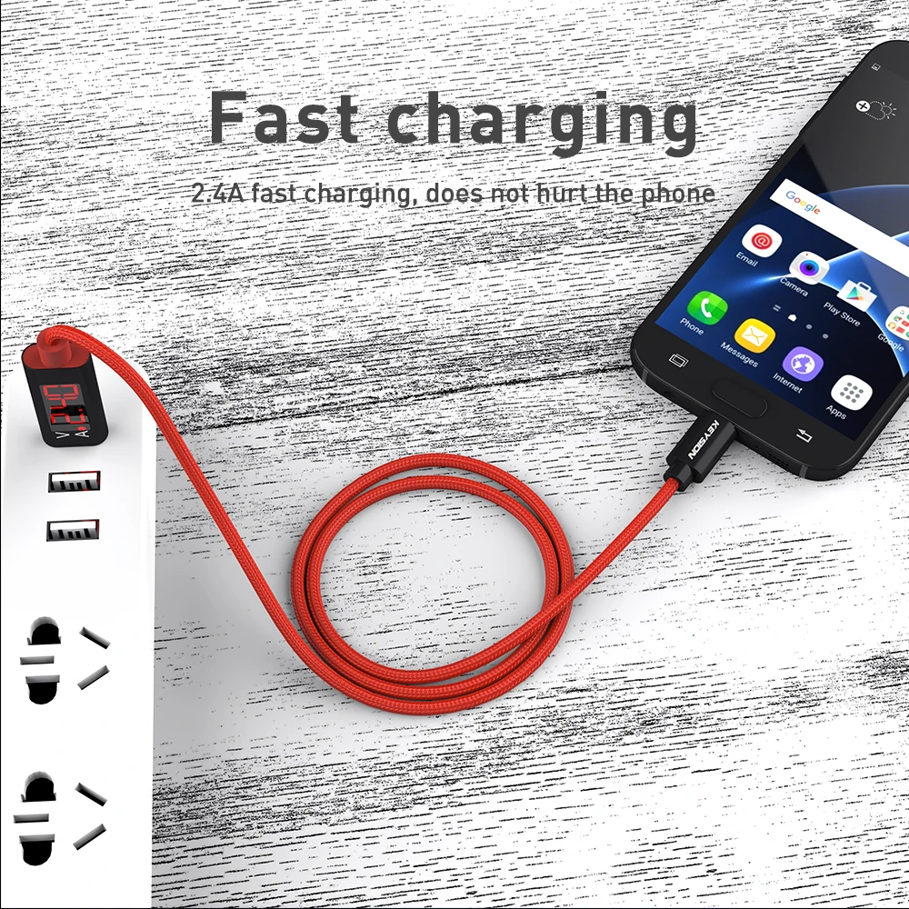 KEYSION 2.4A светодиодный цифровой кабель Micro USB для Xiaomi huawei samsung OPPO напряжение тока дисплей зарядное устройство данных Плетеный телефонный кабель