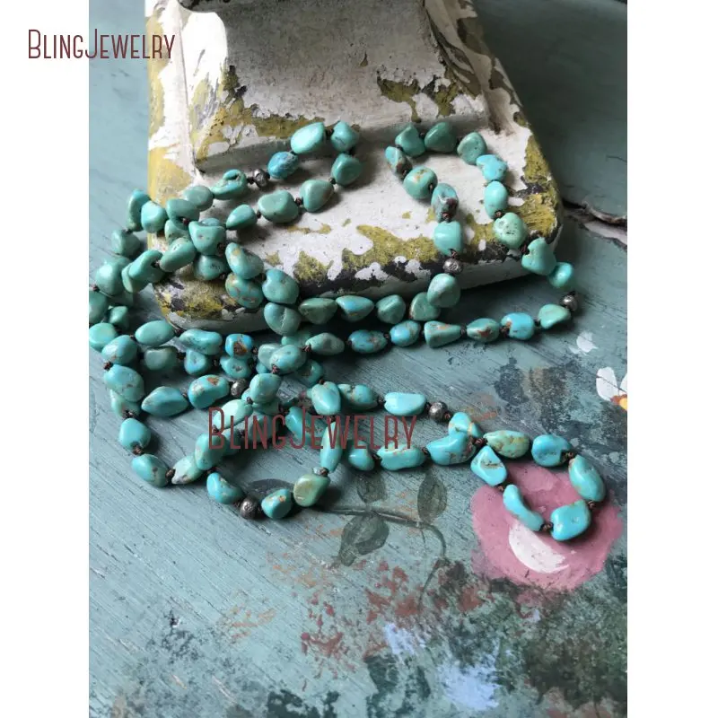 

Southwest Boho Turquoises Gem stone Blue Rustic Glam Hand Knot Thai Silver Beads Necklace NM15543