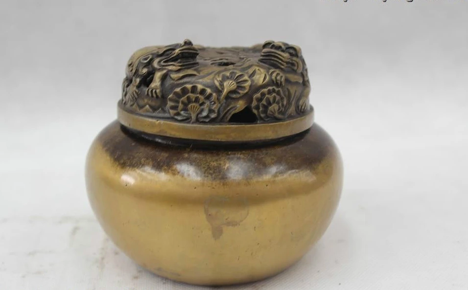 

5"Chinese Marked Folk Pure Bronze Lucky Lion Burner incense burner Pot Statue
