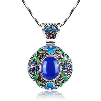 

925 intime silver natural yellow sweater chain stone Lapis Pendant Cloisonne Enamel Pendant