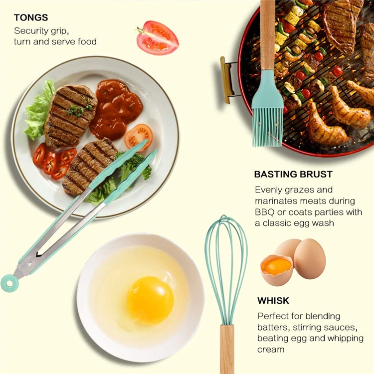 LMETJMA 11 шт., набор силиконовых кухонных принадлежностей, набор кухонных инструментов с натуральным деревянным ручкой, антипригарная кухонная посуда KC0207