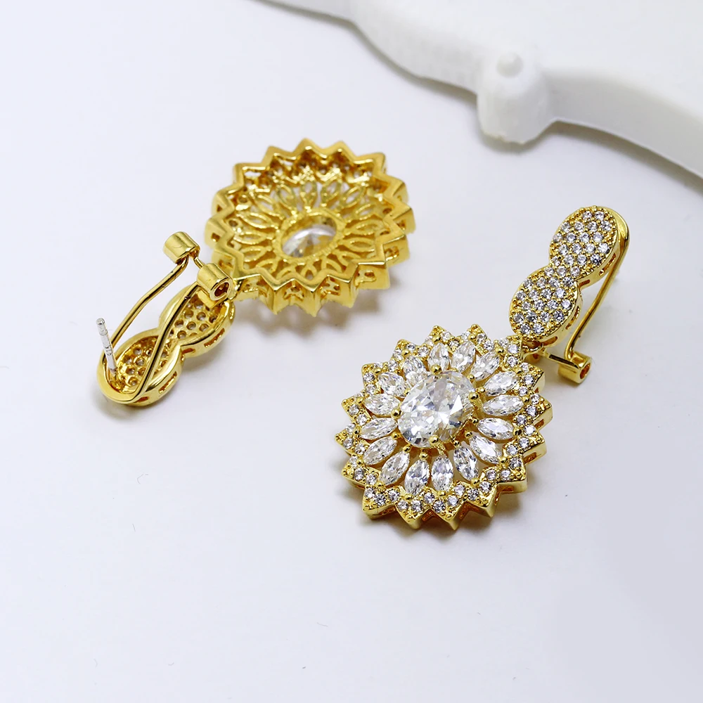 Big wedding jewelry women earrings shiny cubic zirconia crystal jewellery Gold-color large party earrings